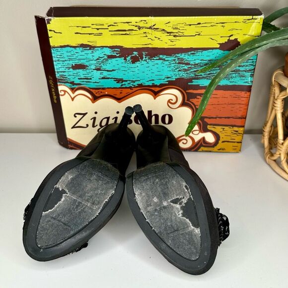 Zigi Soho Black Satin Peep-Toe Platform Heels Crystal Rosette Stiletto size 8 - Picture 6 of 12